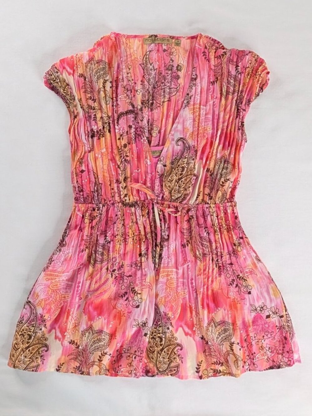 Y2k Pink Orange Crinkle Fabric Paisley Layered Short Sleeve Gathered Waist Top